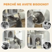 Albero Tiragraffi per Gatti con 2 Casette, 2 Lettini, Trespolo e 2 Palline, 48x40x177 cm, Grigio Chiaro e Beige