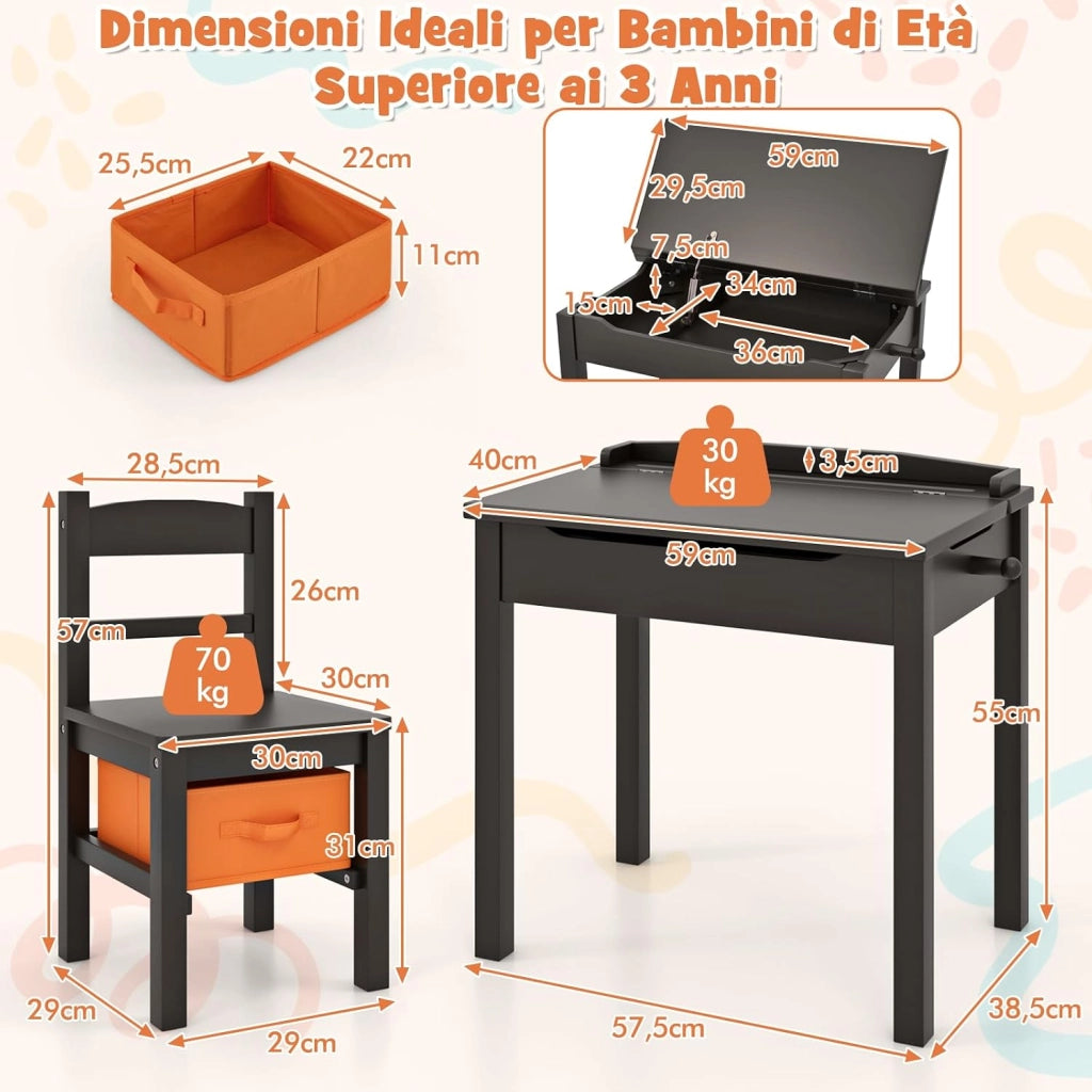 Set Tavolo e Sedia per Bambini, Scrivania Ribaltabile con Sedia per Bambini in Legno, con Cassetto e Gancio Estraibile, Bianco/Naturale (Nero)