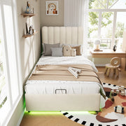 Letto contenitore 90x200 cm con cassetti e LED in velluto beige
