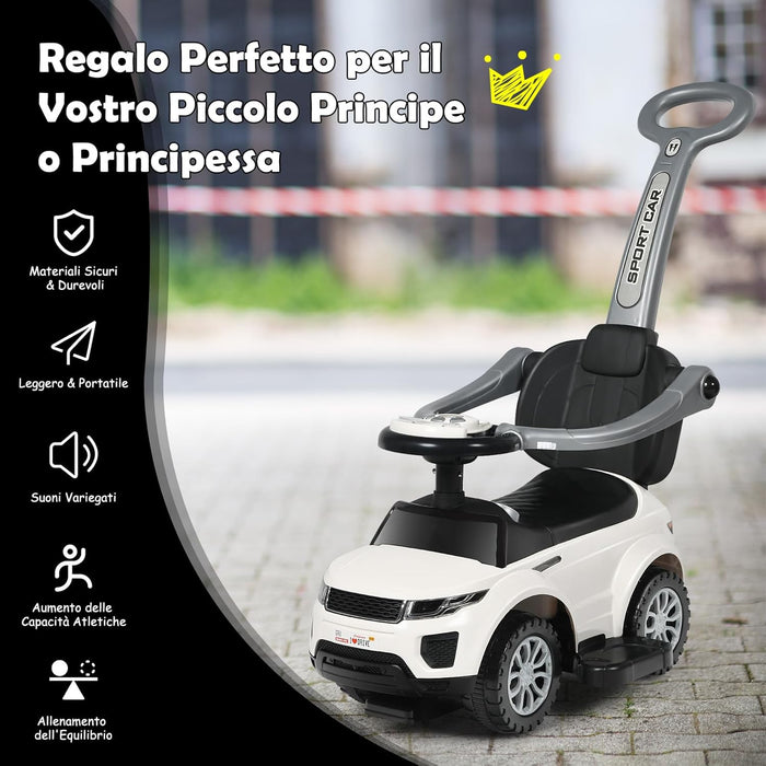 3 in 1 Macchina Cavalcabile a Spinta per Bambini, con Clacson Musica Luce Portaoggetti Sotto Sedile, Auto a Spinta per Bambini di 1-3 Anni (Bianco)
