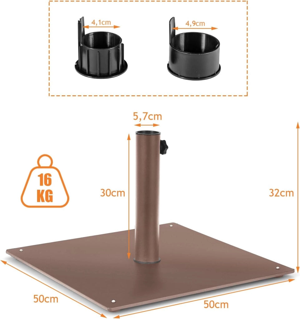 Base per Ombrellone Quadrata 50 cm, 16 kg con 4 Piedini Regolabili, Adattatori da 4cm/5cm, Supporto Ombrellone Installazione Veloce, per Patio Piscina (Marrone)