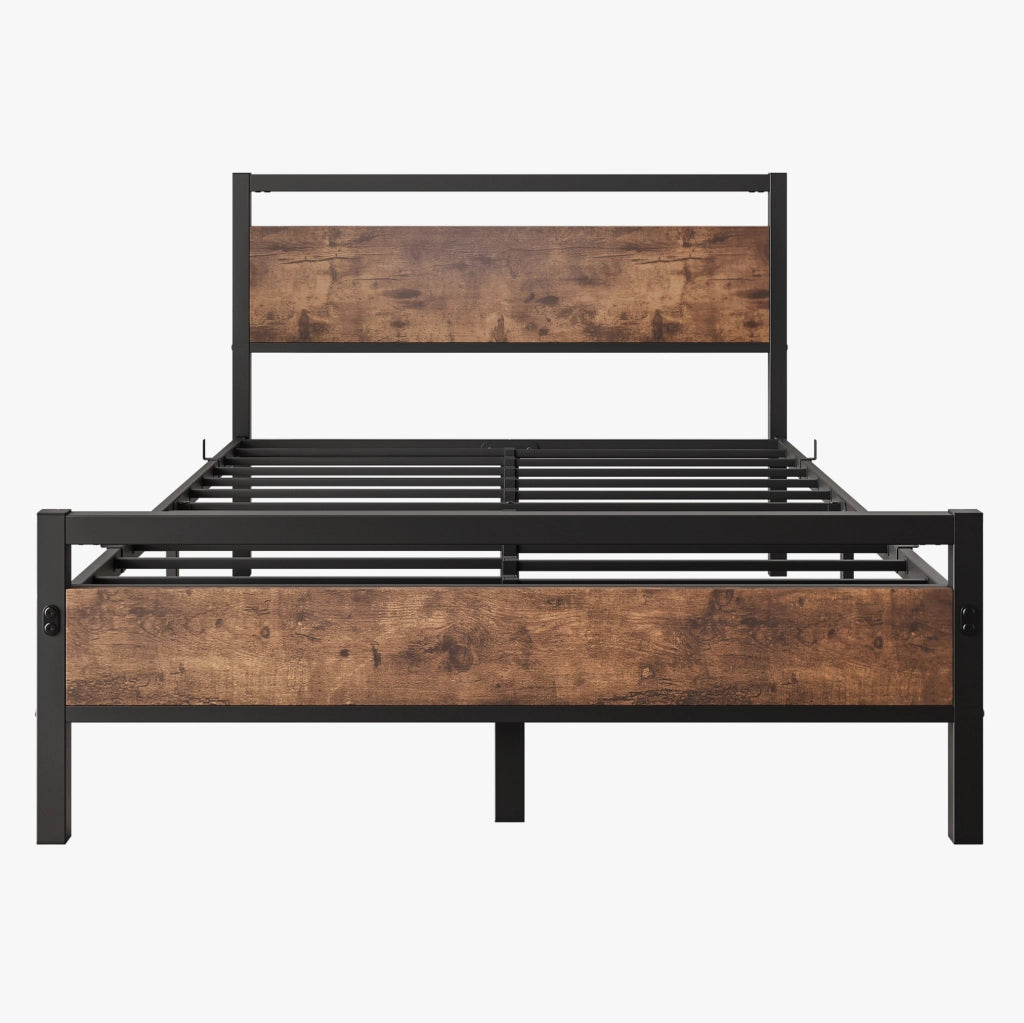 Letto singolo 140x200 cm in metallo e MDF marrone antico con rete a doghe e contenitore
