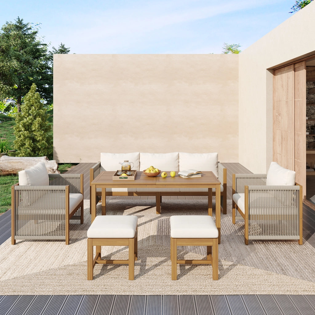 Set Salotto da Giardino 6 Pezzi con Divano, 2 Poltrone, 2 Pouf e Tavolo ¨C MINIMAL ¨C Acacia, Beige