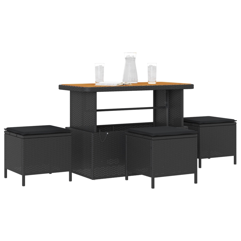 Set da Pranzo da Giardino 4 Pezzi con Cuscini Nero Polyrattan Acacia