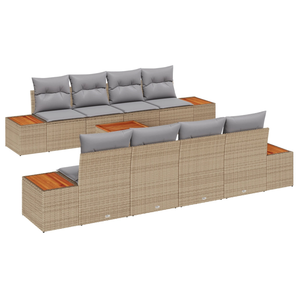 Set Divano da Giardino 9 Pezzi con Cuscini Beige Polyrattan Acacia