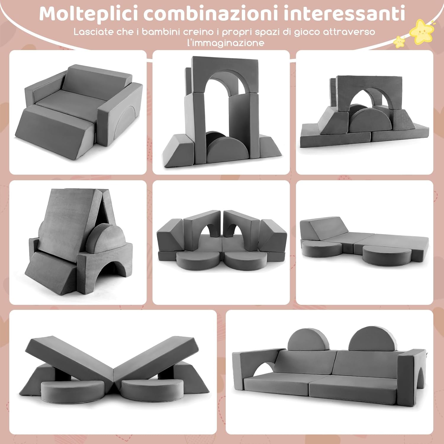 Divano Modulare per Bambini 8 Pezzi, Divanetto per Bambini con Copertura Staccabile per Sala Giochi e Camera da Letto, Divano Creativo per Bambini per Giocare, Creare e Dormire (Grigio)