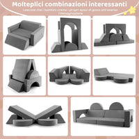 Divano Modulare per Bambini 8 Pezzi, Divanetto per Bambini con Copertura Staccabile per Sala Giochi e Camera da Letto, Divano Creativo per Bambini per Giocare, Creare e Dormire (Grigio)