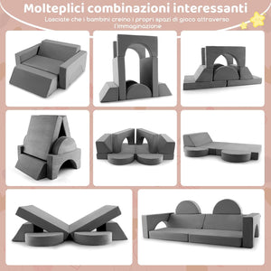 Divano Modulare per Bambini 8 Pezzi, Divanetto per Bambini con Copertura Staccabile per Sala Giochi e Camera da Letto, Divano Creativo per Bambini per Giocare, Creare e Dormire (Grigio)
