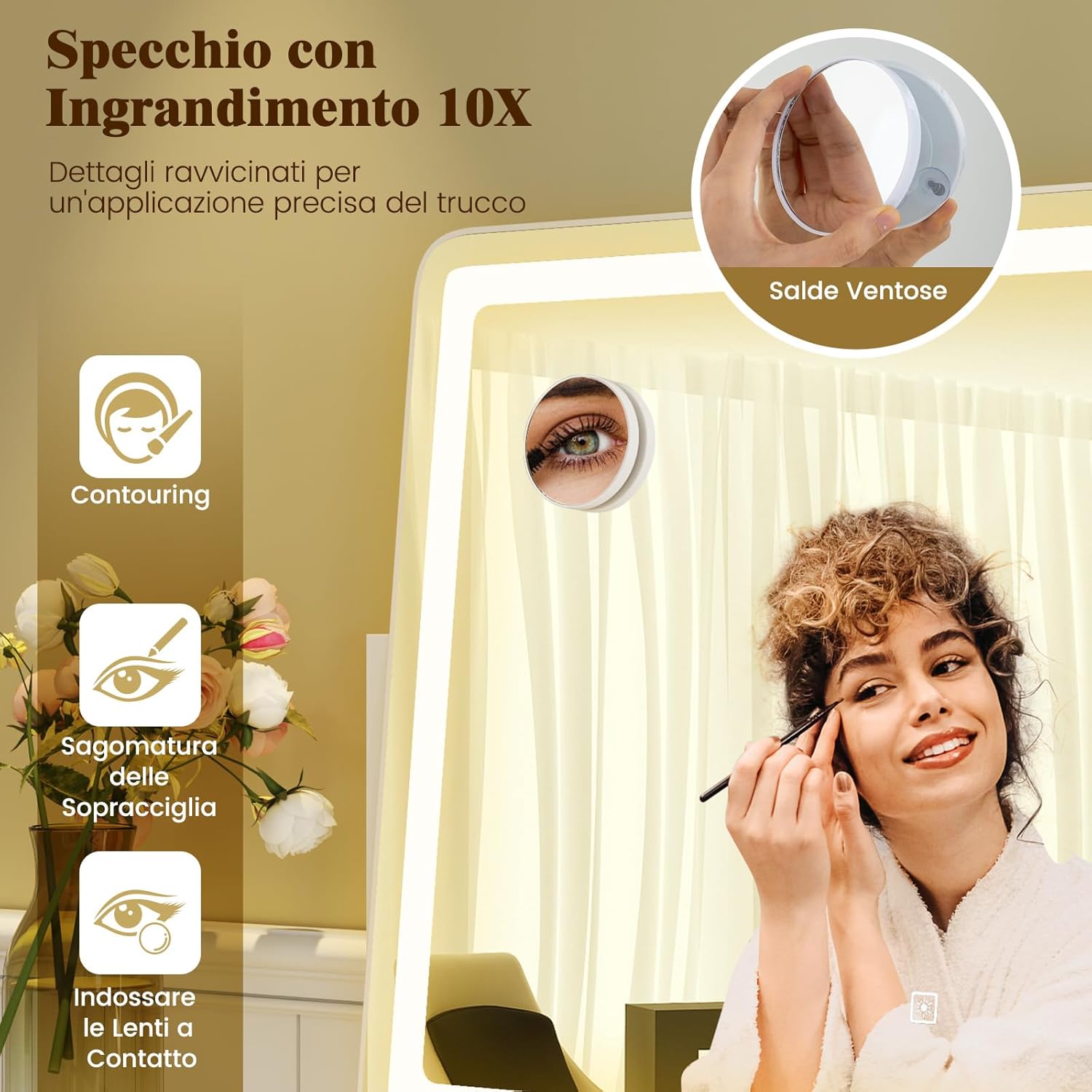 Speechio da Trucco con Luci Regolabile in Luminosit¨¤ e a 3 Colori, Specchio da Tavolo con Specchio Ingrendimento 10X, Specchio da Trucco a Rotazione, 80 x 55 cm, Bianco