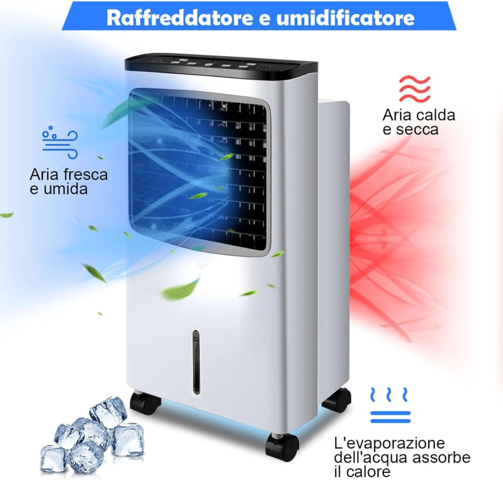 Condizionatore Portatile, Raffreddatore d’aria con Serbatoio Acqua 8L, 3 Modalità, 3 Velocità, Telecomando e Ruote, 7,5H Timer, per Casa, Ufficio