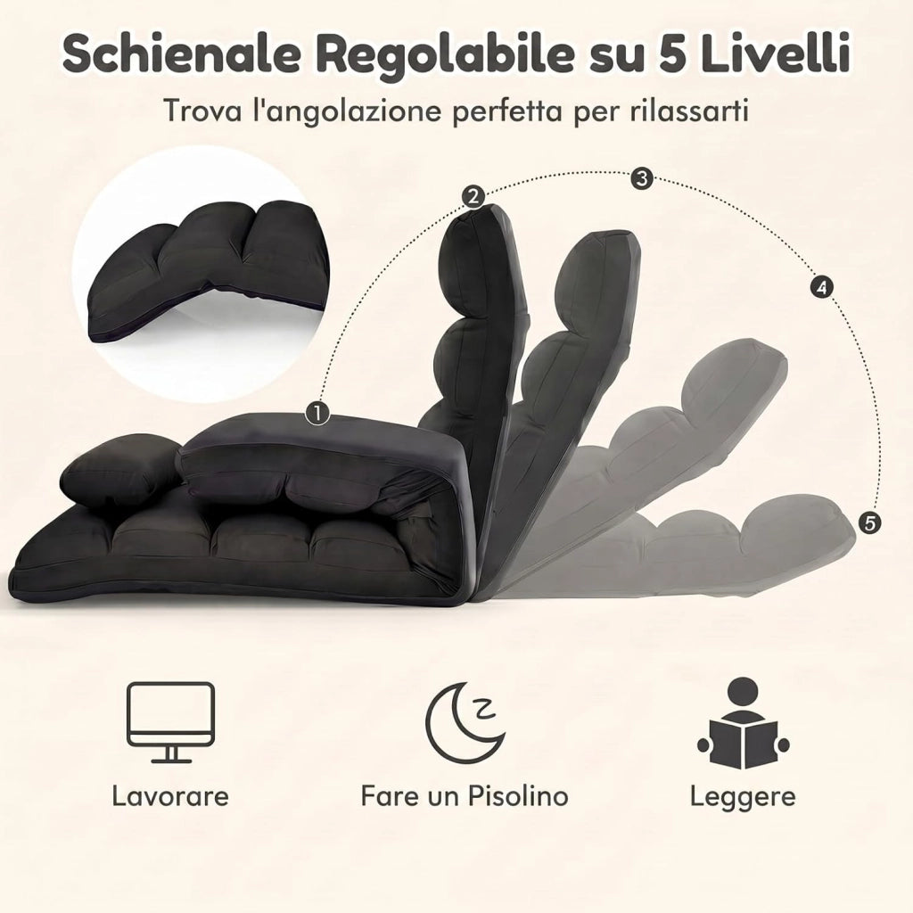 Poltrona Relax, Sedia Pieghevole da Pavimento, Divano Letto da Terra con Cuscino e Schienale Regolabile in 5 Posizioni, Sedia Imbottita Relax per Soggiorno, Camera da Letto (Nero)