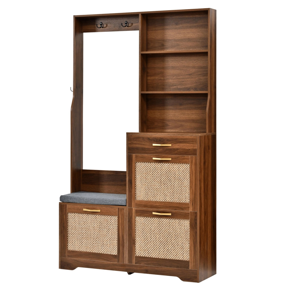 Guardaroba da ingresso 100x30x170 cm multifunzione con seduta; ante effetto rattan; MDF noce