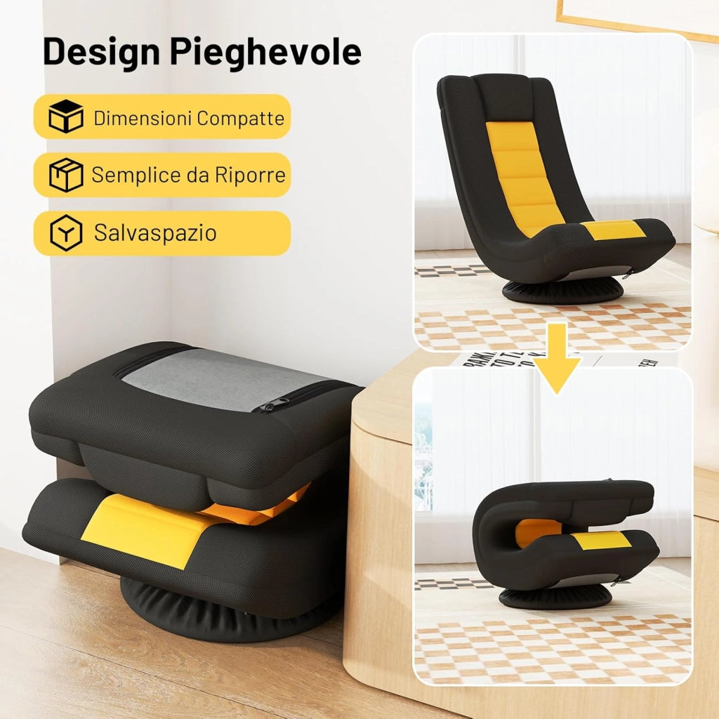 Sedia da Pavimento Pieghevole, Sedia Girevole a 360°, Sedie da Terra con 4 Posizioni Regolabili, Sedia per Lettura Gaming, Portata 140 kg