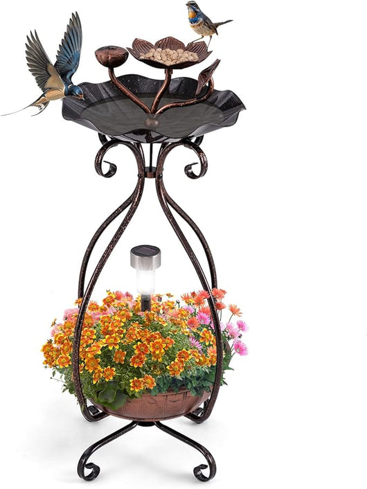 Mangiatoia Solare per Uccelli da Esterno, Vaschetta e Mangiatoia Vintage con Piedistallo e Luci Solari, Casetta per Uccellini Decorativa da Giardino (Bronzo Antico, 31 x 31 x 79 cm)