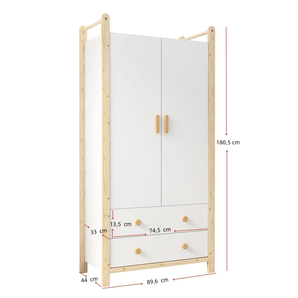Armadio Guardaroba Bianco e Legno 90×45×180 cm con 2 Ante; Barra Appendiabiti e 2 Cassetti
