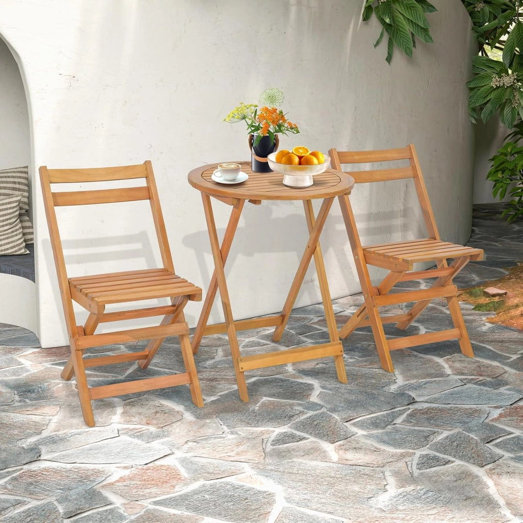Set Tavolino e Sedie da Giardino in Legno di Acacia, Set Mobili di 3 Pezzi da Giardino Pieghevole, Set di Bistrò per Giardino Patio Coltile, Tavolino Porta 75 kg, Sedia Portata 160 kg