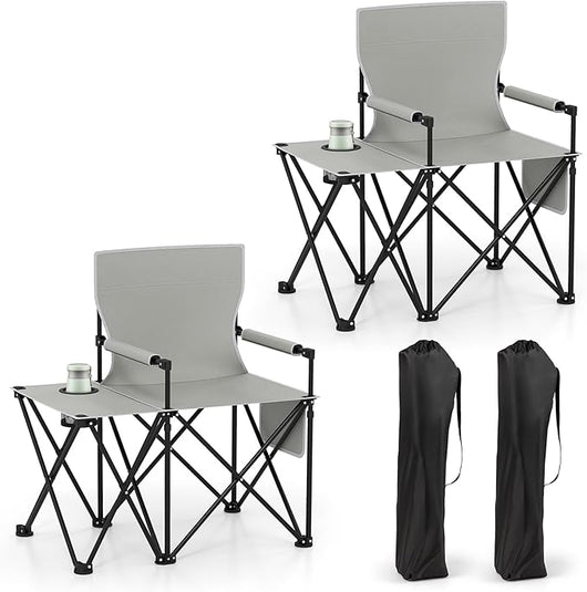 Sedia da Campeggio con Tavolino Laterale, Sedia da Picnic Pieghevole con 2 Tasche, Portabicchieri, Braccioli Imbottiti, Borsa da Trasporto, Portata 150 kg (Grigio)