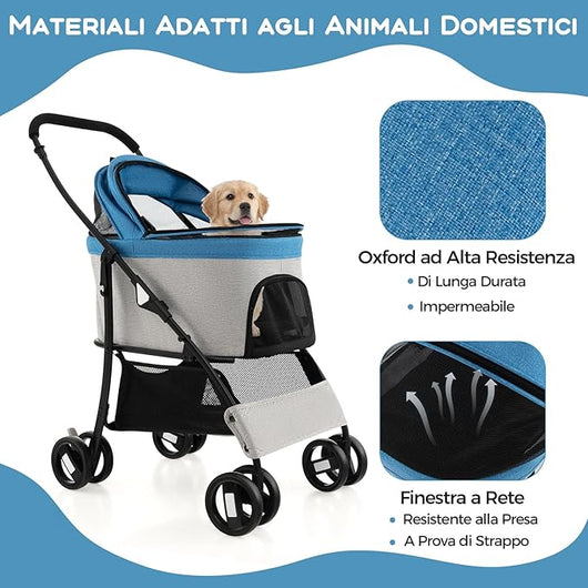 Passeggino per Cani Pieghevole 3 in 1, Carrello per Animali Domestici con Tettuccio Regolabile e Cesto, Trasportino a 4 Ruote per Cani di Piccola e Media Taglia (Azzurro)