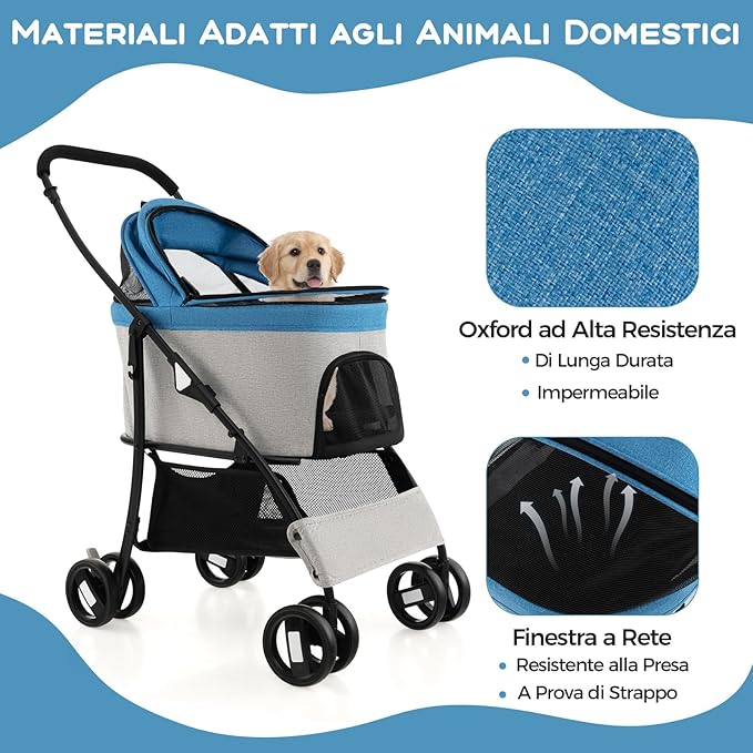 Passeggino per Cani Pieghevole 3 in 1, Carrello per Animali Domestici con Tettuccio Regolabile e Cesto, Trasportino a 4 Ruote per Cani di Piccola e Media Taglia (Azzurro)