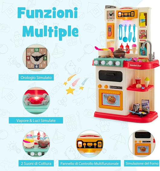 65 Pezzi Cucina Giocattolo per Bambini, Mini Cucina con Finto Vapore Cappa Aspirante, Rubinetto con Acqua Corrente, Canzoni, Luci e Suoni Realistici, 3 Anni+, 45 x 26 x 79 cm (Rosa)