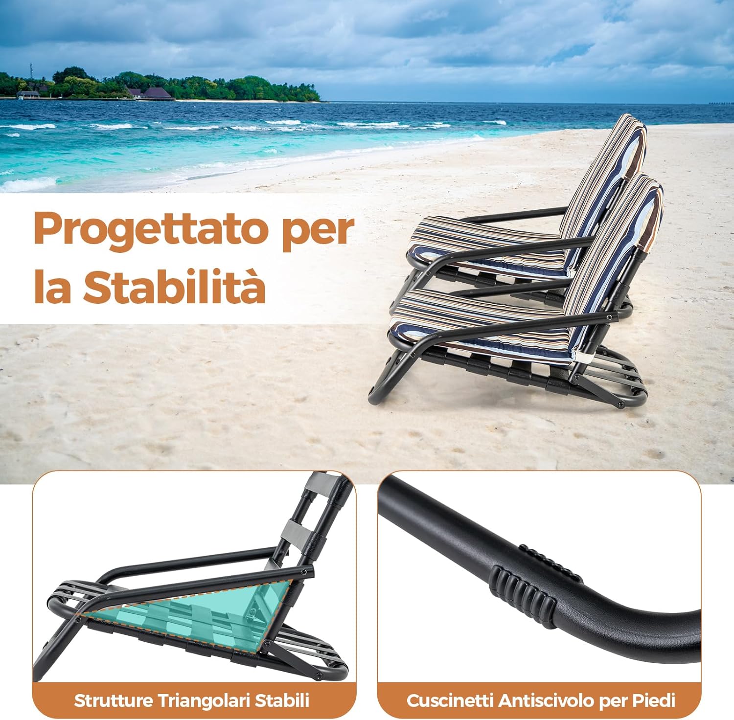 Set di 2 Sedie da Spiaggia, Sedia da Spiaggia Pieghevole con Cuscino, Sedie a Sdraio Basse Portatile, con Struttura in Metallo, Portata 135 kg, 67 x 50 x 46 cm