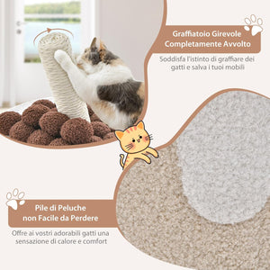 Cuccia per Gatti a Forma di Bubble Tea, Casetta per Gatti con Tiragraffi in Sisal e Palline Appese, Albero per Gattini da Interno, 37 cm x 37 cm x 67 cm (Caffè e Beige)