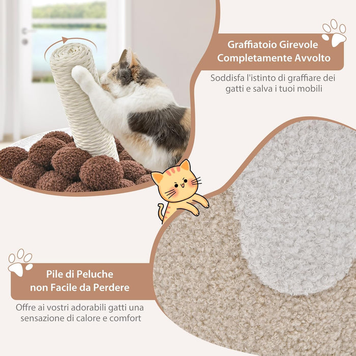 Cuccia per Gatti a Forma di Bubble Tea, Casetta per Gatti con Tiragraffi in Sisal e Palline Appese, Albero per Gattini da Interno, 37 cm x 37 cm x 67 cm (Caffè e Beige)