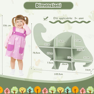 Libreria da Parete per Bambini a Forma di Dinosauro, Mensola a 2 Ripiani in Legno da Appendere, Scaffale da Parete per Camera dei Bambini Camera da Gioco Asilo, 105,5x16x78,5 cm