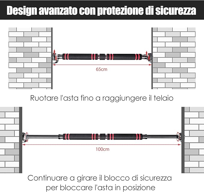 Sbarra per Trazioni per Porta, Barra per Chin Up, Sbarra Orizzontale Montaggio Senza Viti, Lunghezza Regolabile 65-100 cm, Ideale per Allenarsi a Casa e in Palestra