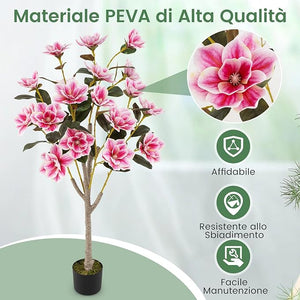 Albero di Magnolia Artificiale 130 cm, Pianta Finta con Foglie in PEVA, Tronchi Multi-ramo, Muschio Realistico, Pianta Finta in Vaso da Interno per Ristorante, Salotto e Ufficio
