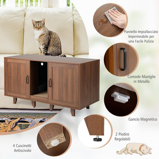 Mobile per Lettiera per Gatti 120 x 52 x 65 cm, Casetta per Gatti con 2 Ante, Fori, Tiragraffi e Gambe Staccabili, Mobile Versatile e Moderno per Salotto (Marrone)