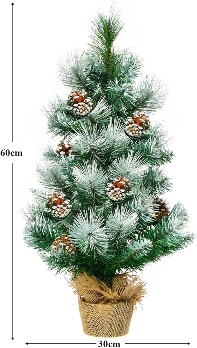 Mini Albero di Natale 60 cm, Albero di Natale Piccolo con 48 Rami, 8 Pigne, Base in Cemento e Lino, Albero di Natale Innevato da Tavolo per Casa e Ufficio, Verde