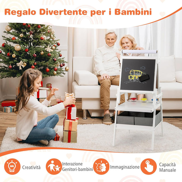 3 in 1 Cavalletto per Bambini, Cavalletto con Doppia Faccia Magnetica e Lavagna Bianca, Rotolo di Carta, 3 Bicchieri per Vernice e 2 Ceste in Tessuto, per Bambini 3-6 Anni (Bianco)