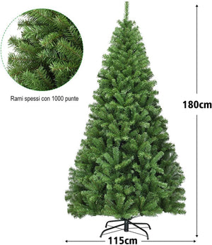 Albero di Natale 180/225 cm, Albero di Natale Artificiale con 1000/1346 Rami Densi e Base in Metallo con Cuscinetto Antiscivolo, Albero di Natale Folto per Casa, Ufficio e Negozio (180 cm)
