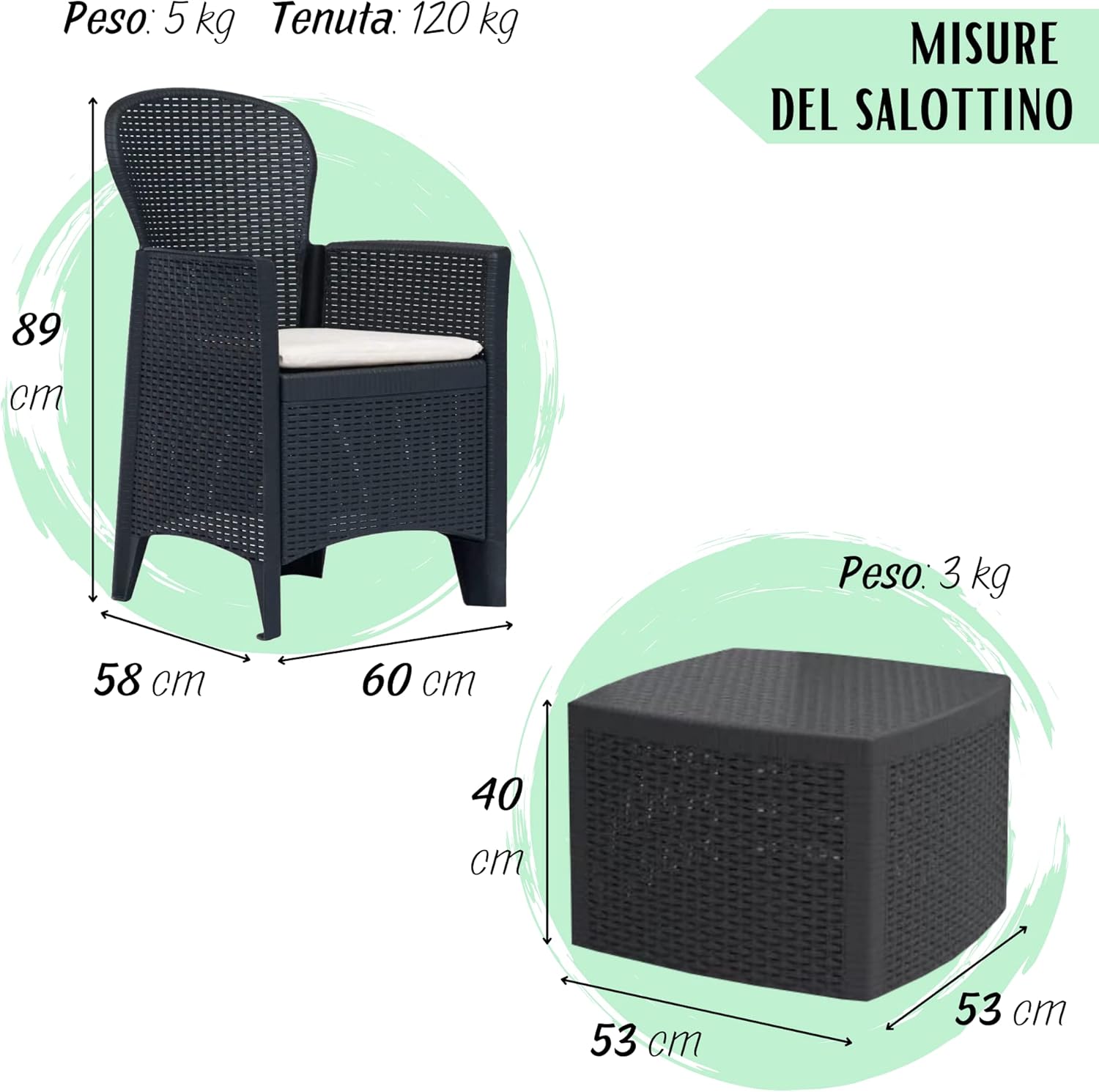 Salottino da Giardino Esterno in Plastica, Salotto da Giardino, 2 Poltrone e 1 Tavolino Contenitore, cuscini Tomaino