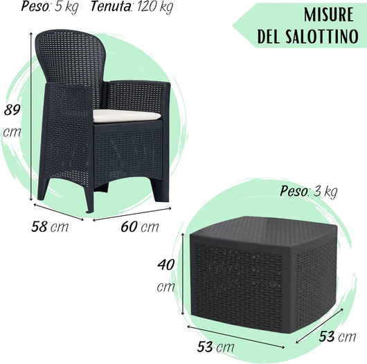 Salottino da Giardino Esterno in Plastica, Salotto da Giardino, 2 Poltrone e 1 Tavolino Contenitore, cuscini Tomaino