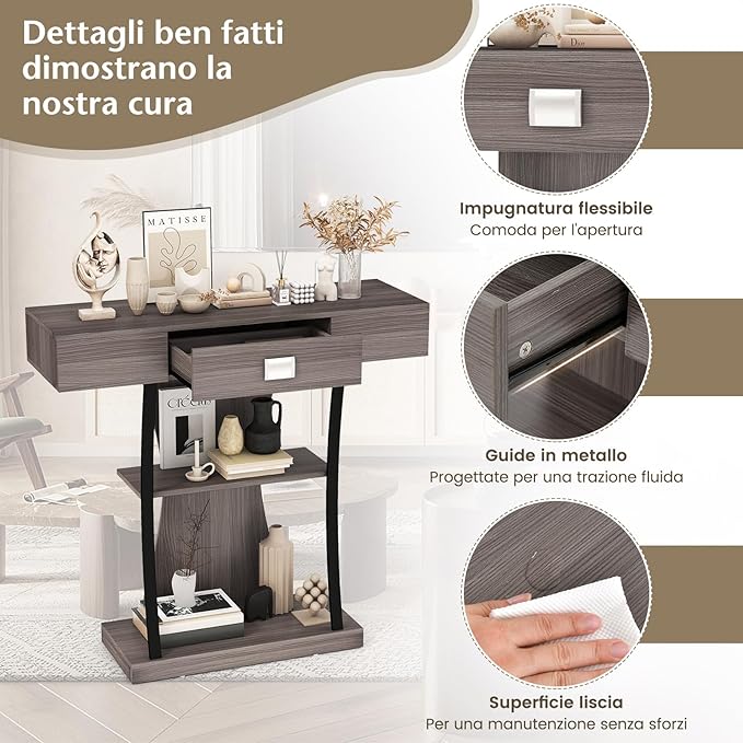 Tavolo Consolle in Legno, Tavolo Ingresso con Cassetti, Ripiani e 2 Kit Anti-ribaltamento, Tavolo Multiuso e Salvaspazio per Salotto, Camera da Letto e Corridoio, 91 x 30 x 88 cm (Grigio)