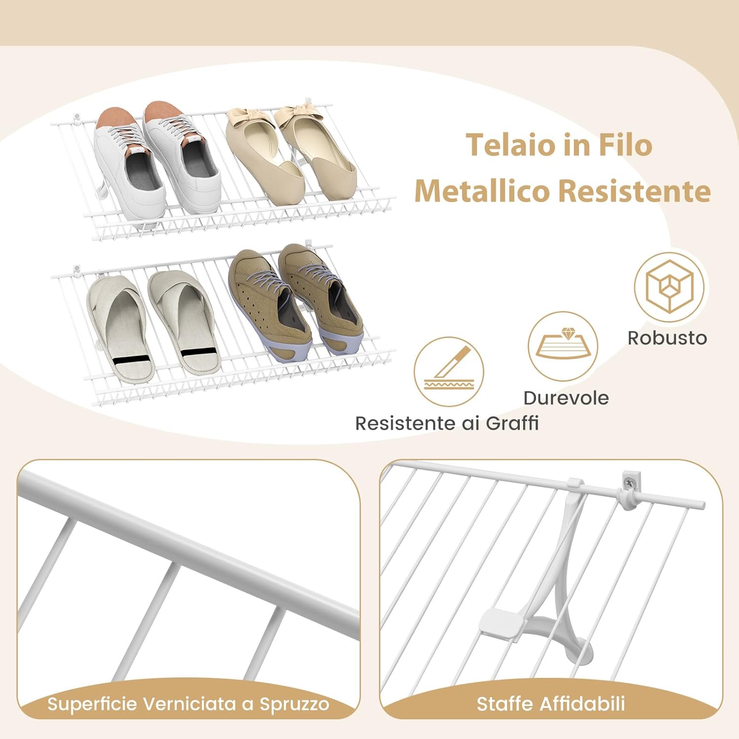 Set di 2 Scaffali a Muro, 61 cm Porta Scarpe in Metallo, Kit Organizzatore di Stoccaggio, 4 Supporti in PVC, Unità di Mensole Personalizzabile per Lavanderia Camera da Letto, 61x30x2,5 cm