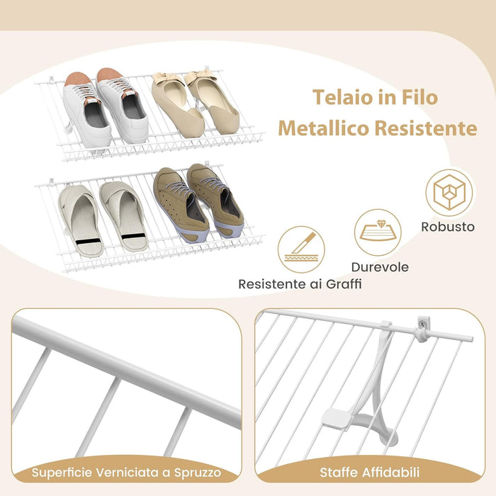 Set di 2 Scaffali a Muro, 61 cm Porta Scarpe in Metallo, Kit Organizzatore di Stoccaggio, 4 Supporti in PVC, Unità di Mensole Personalizzabile per Lavanderia Camera da Letto, 61x30x2,5 cm