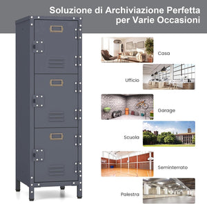 Armadio in Metallo con 3 Porte Chiudibili, Piedini Regolabili, Dispositivo Anti-Ribaltamento, Armadietto Verticale a 3 Ripiani per Casa, Ufficio, Scuola e Garage, 30 x 35 x 100 cm