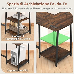 Scrivania Angolare da 120 CM, Scrivania a L per Ufficio a Casa con Prese di Corrente e Porte USB, Postazione di Lavoro con Ripiani per Lavoro, Gaming e Studio (Marrone)