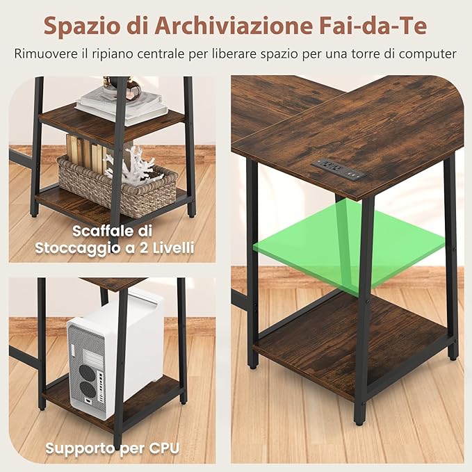 Scrivania Angolare da 120 CM, Scrivania a L per Ufficio a Casa con Prese di Corrente e Porte USB, Postazione di Lavoro con Ripiani per Lavoro, Gaming e Studio (Marrone)