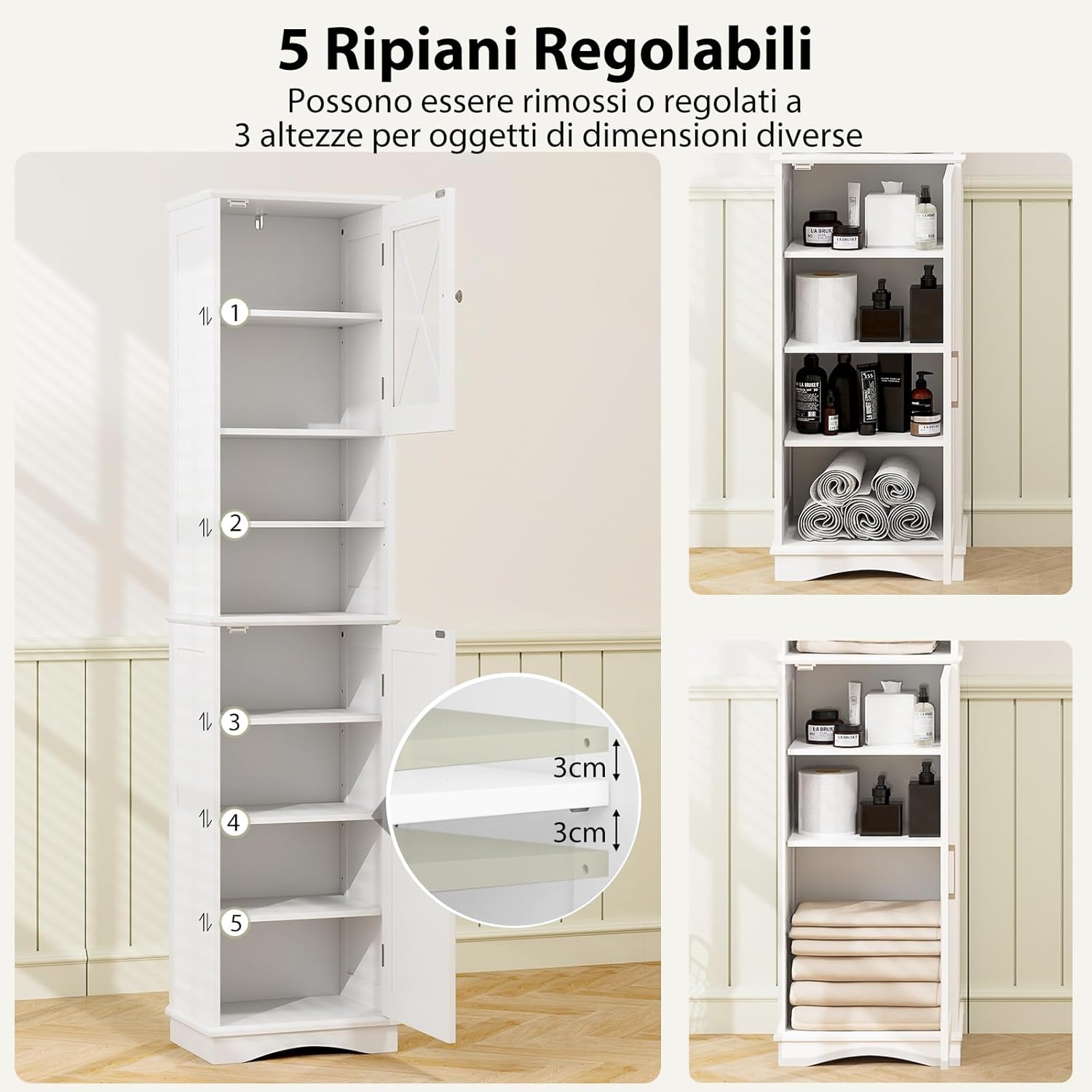 Mobile Bagno 40 x 30 x 170,5cm, Armadietto a Colonna Stretto e Alto con 5 Ripiani Regolabili e 2 Porte, Armadio da Terra in Legno per Soggiorno, Camera da Letto, Salotto e Cucina (Bianco)