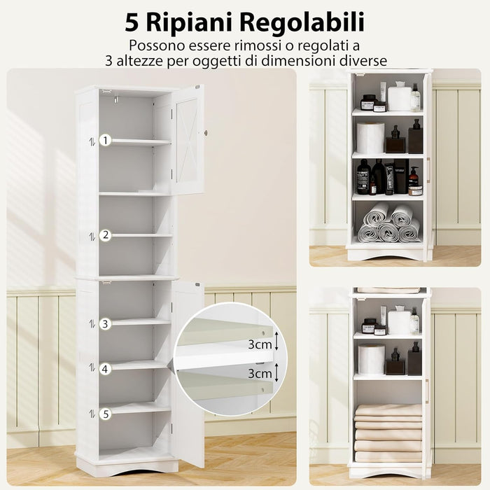 Mobile Bagno 40 x 30 x 170,5cm, Armadietto a Colonna Stretto e Alto con 5 Ripiani Regolabili e 2 Porte, Armadio da Terra in Legno per Soggiorno, Camera da Letto, Salotto e Cucina (Bianco)