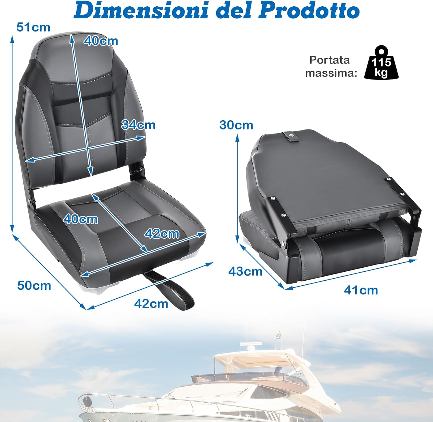 Sedia da Barca, Sedile da Barca Pieghevole con Morbido Cuscino Imbottito, Rivestimento in PVC Impermeabile, 44,5 x 51 x 61 cm (Grigio, 2)