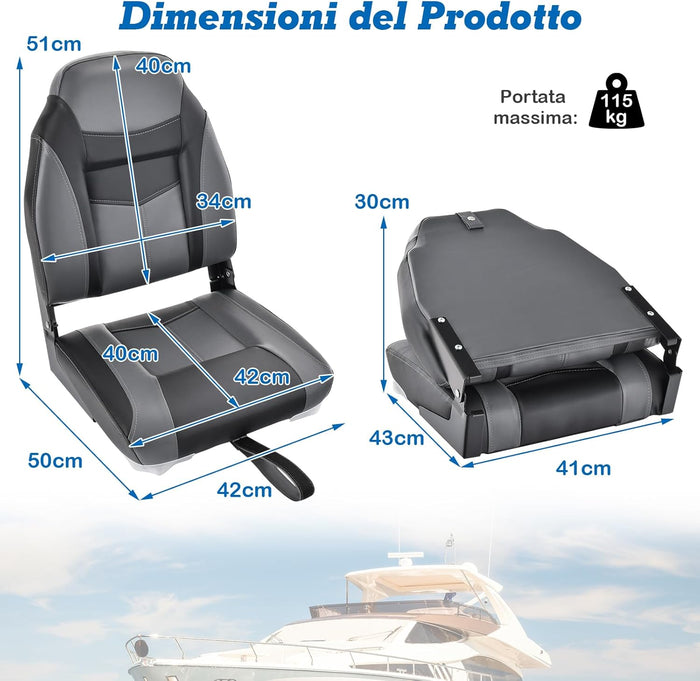 Sedia da Barca, Sedile da Barca Pieghevole con Morbido Cuscino Imbottito, Rivestimento in PVC Impermeabile, 44,5 x 51 x 61 cm (Grigio, 2)