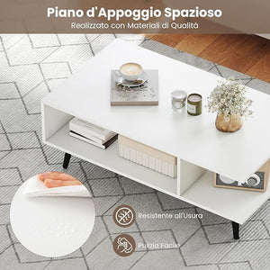 Tavolino da Caffè a 2 Livelli, Tavolino Moderno con Gambe in Metallo e Ripiano, Tavolo Centrale Rettangolare per Soggiorno, Studio e Ufficio (Bianco)