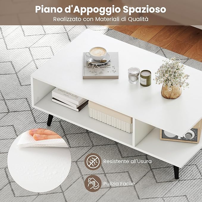 Tavolino da Caffè a 2 Livelli, Tavolino Moderno con Gambe in Metallo e Ripiano, Tavolo Centrale Rettangolare per Soggiorno, Studio e Ufficio (Bianco)