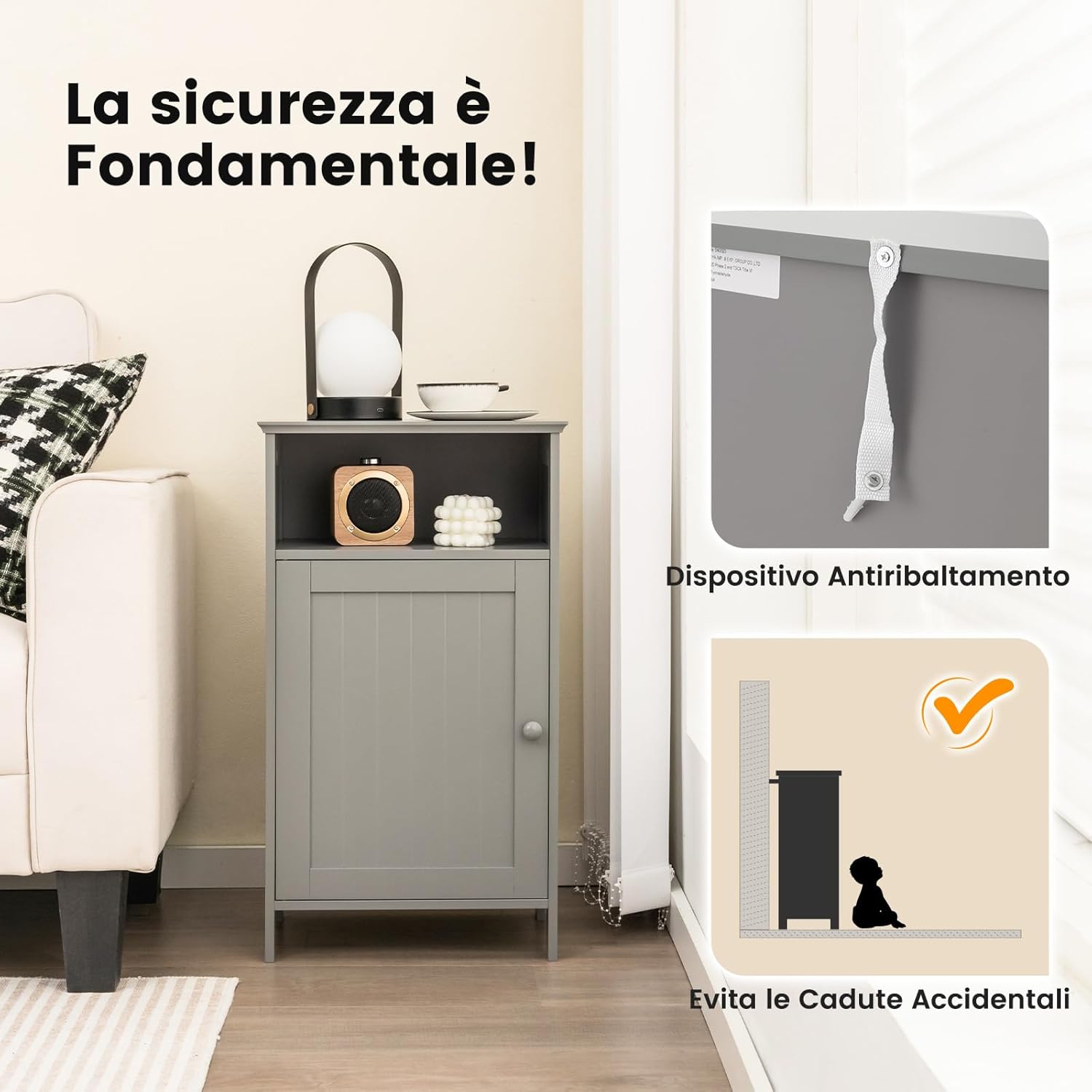 Armadio per Bagno, Mobile Multifunzionale con Anta Singola e Mensola Regolabile, Organizer Moderno di Legno, Tavolino per Casa Salone Camera da Letto Ufficio (Grigio)