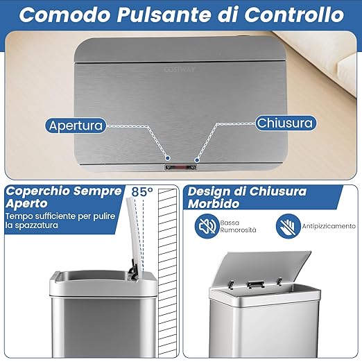 56L Pattumiera in Acciaio Inossidabile, Cestino della Spazzatura con Sensore di Movimento e 2 Contenitori Interni Rimovibili, Coperchio a Chiusura Lenta per Cucina Soggiorno Ufficio (Argento)